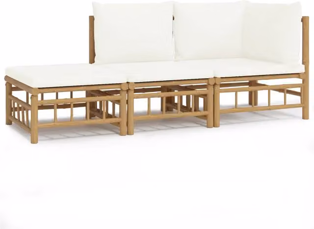 Set Salotto da Giardino 3pz | Set di Mobili da Esterno con Cuscini Bianco Crema in Bamb¨´
