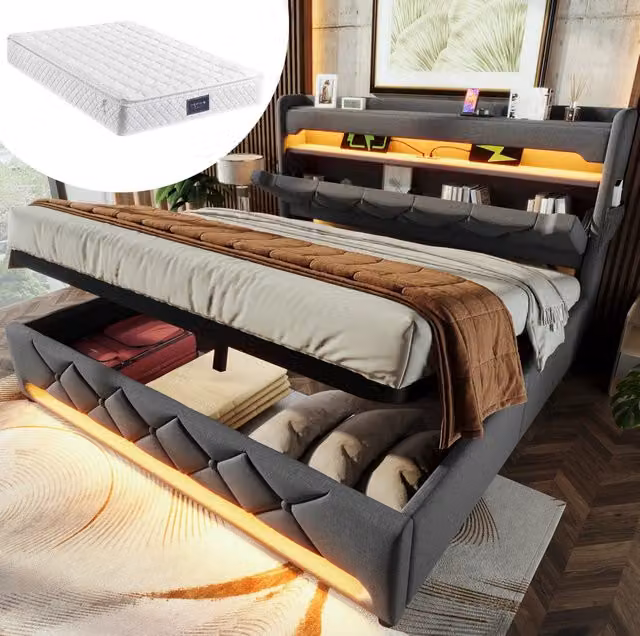 Letto matrimoniale 160x200 cm con LED, USB e materasso