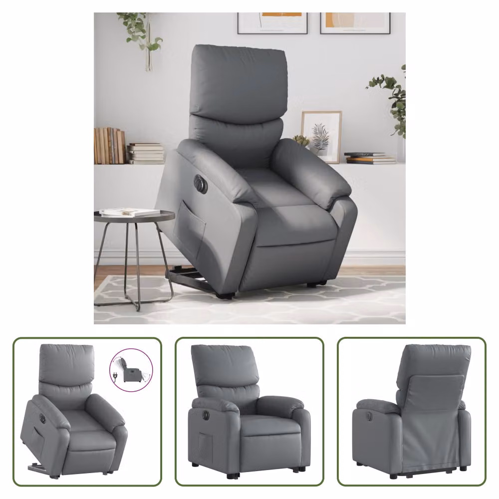 The Living Store Poltrona relax con ausilio per l'alzata in Pelle finta grigio elettrico