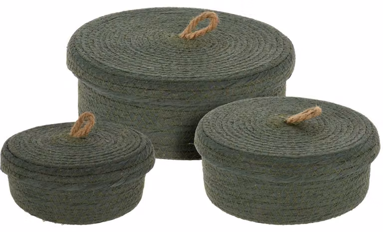 Cestini portaoggetti, coperchio in iuta, 3 pezzi, verde
