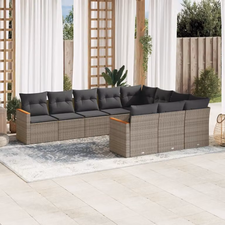 Set Divano da Giardino vidaXL 10 pz in Polyrattan Grigio con Cuscini Imbottiti e Rivestimenti Rimovibili