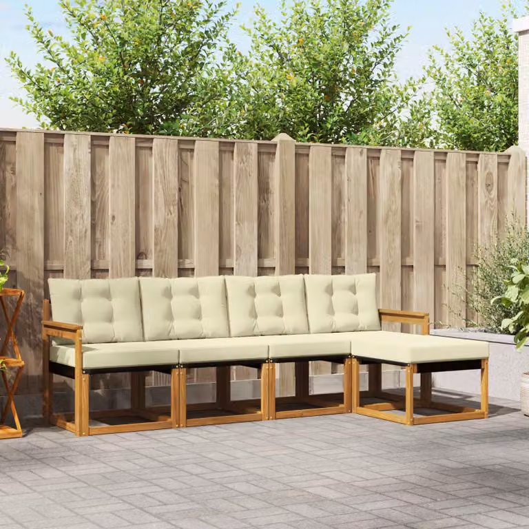 Set di divani da esterno vidaXL a forma di L in legno di acacia con cuscini e pouf, Beige e Bianco