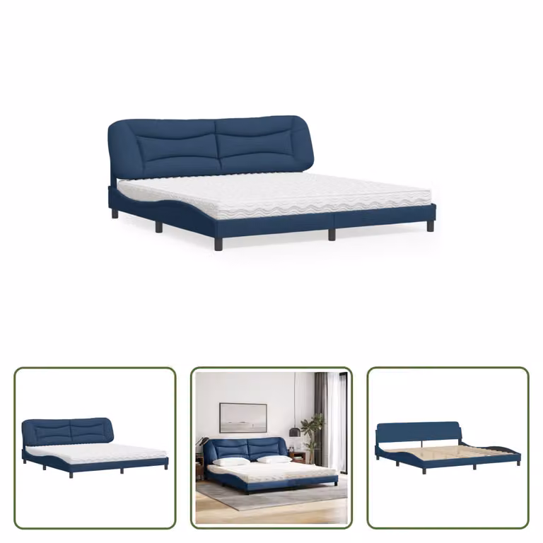 The Living Store Letto con materasso blu 200x200 cm in tessuto