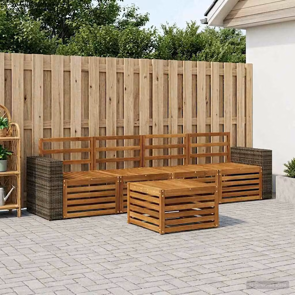 Set di divani da esterno vidaXL 5 pezzi in legno di acacia massello marrone con cuscini inclusi e tavolino da caffè coordinato per giardino e terrazza