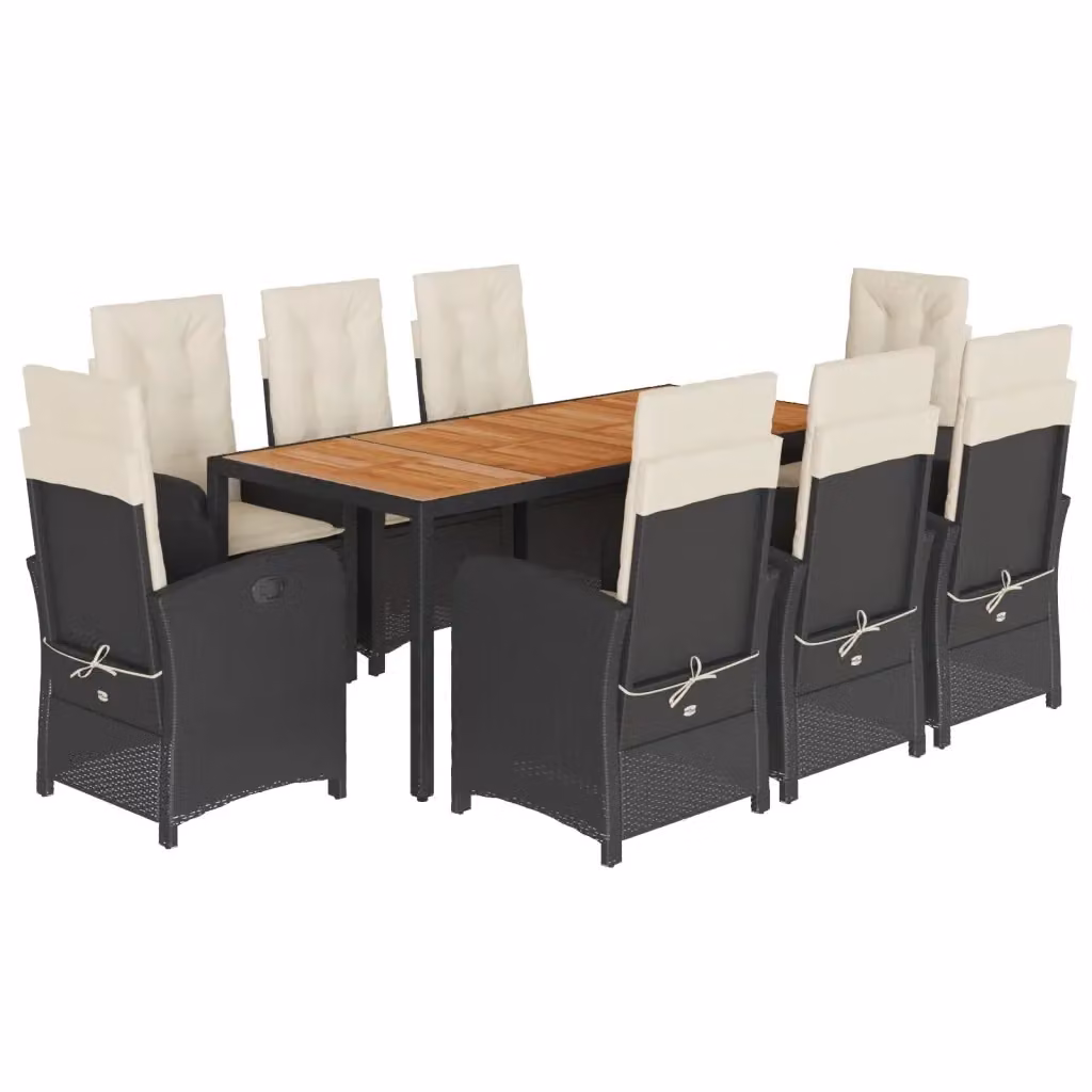 Set da Pranzo da Giardino vidaXL in Polyrattan e Legno di Acacia con Cuscini, 9 Pezzi, Nero – 2
