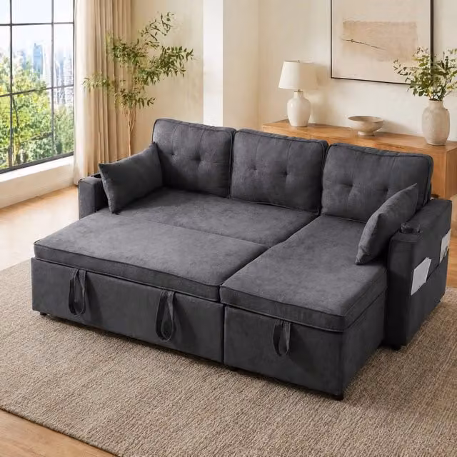 Divano letto angolare ULEVR 211x130 cm, 3 posti con chaise longue reversibile, contenitore e portabicchieri, grigio
