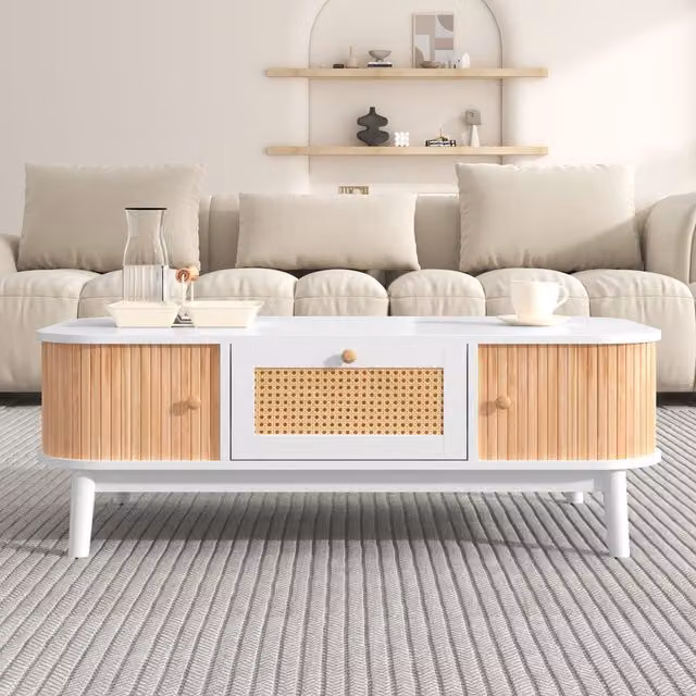 Tavolino da soggiorno moderno Aosom Italy in rattan bianco con 1 cassetto, 2 ante e piedini in legno massiccio, L: 124 cm, P: 64 cm, H: 13.5 cm – 1