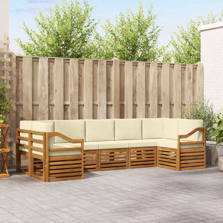 Set di divani da esterno vidaXL a forma di L composto da 7 pezzi in legno di acacia con cuscini beige e bianco