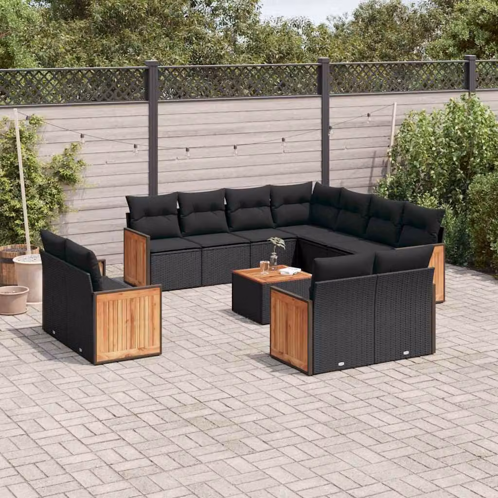 vidaXL Set Divani da Giardino a L 12 pz in Polyrattan Nero con Cuscini e Tavolino da Esterno – 1