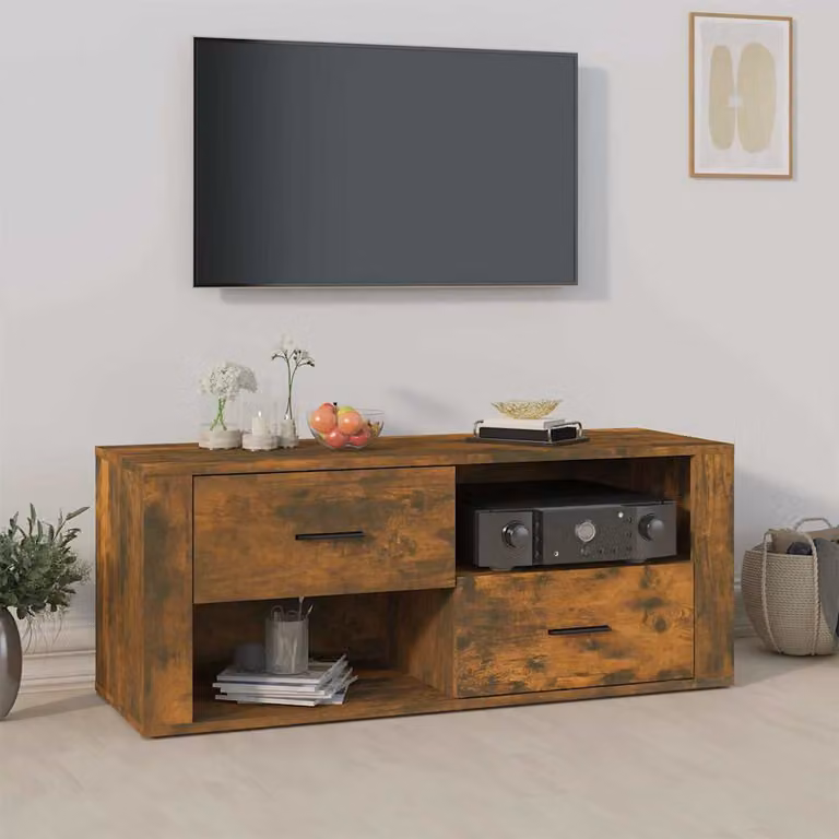Mobile TV vidaXL in legno Rovere Fumo con ruote e scomparti media, L 100 cm x P 35 cm x H 40 cm