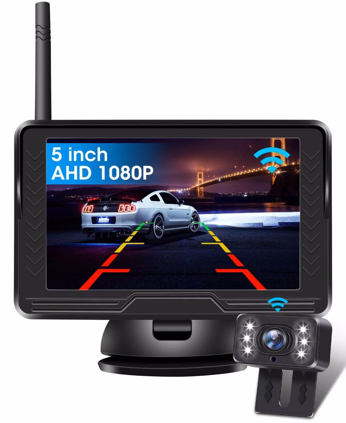 Telecamera per retromarcia wireless - Schermo da 5 pollici - Risoluzione HD 1080P - Impermeabile IP69 - Visione notturna con 6 LED - Adatta per camper e camion