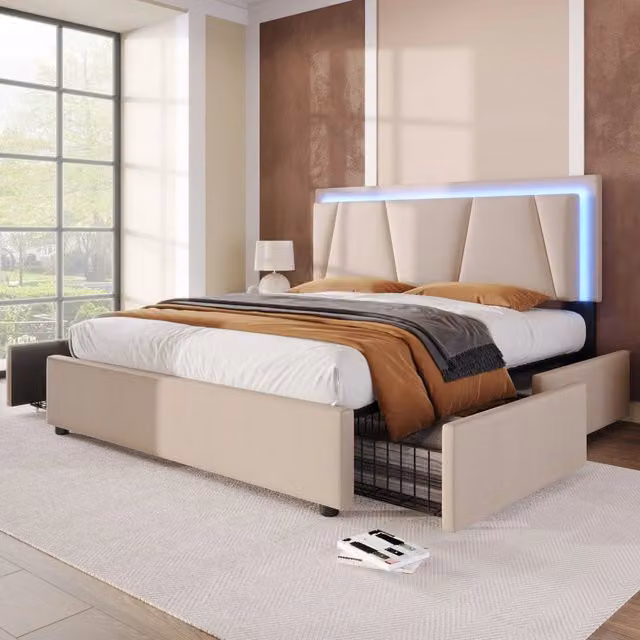Letto matrimoniale imbottito 140x200 cm con 4 cassetti; LED; testiera regolabile e rete a doghe in legno; beige