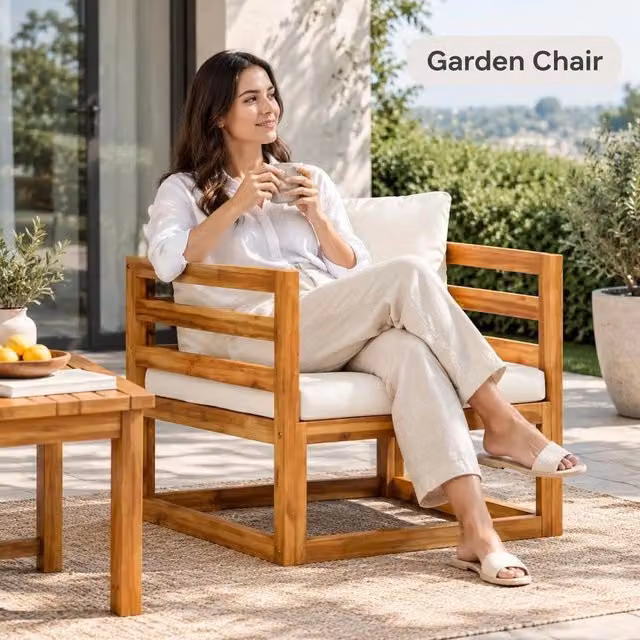 Garden Chair With Cream-white Cushions, Solid Acacia Wood