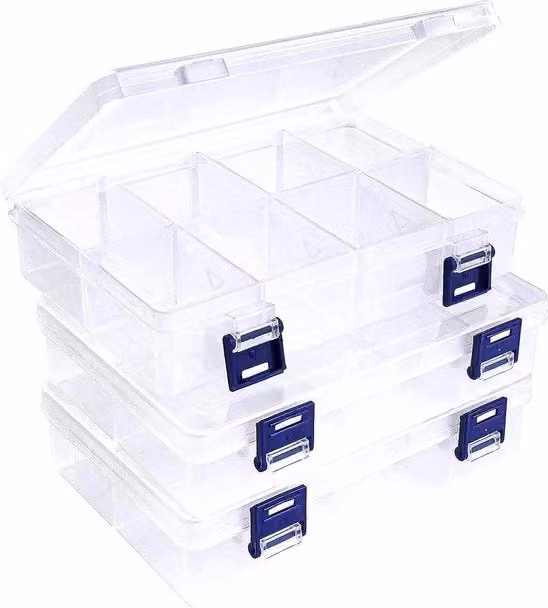 Organizzatore in plastica trasparente con coperchio e cassetti regolabili impilabile