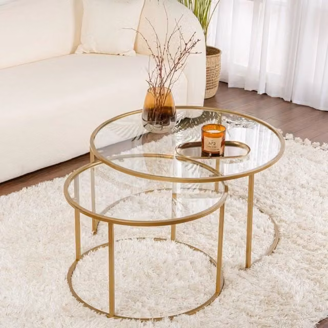 Telti Tavolino da Salotto Moderno con Piano in Vetro Temperato Rotondo e Struttura in Metallo Oro L: 80 cm, P: 80 cm, H: 43 cm
