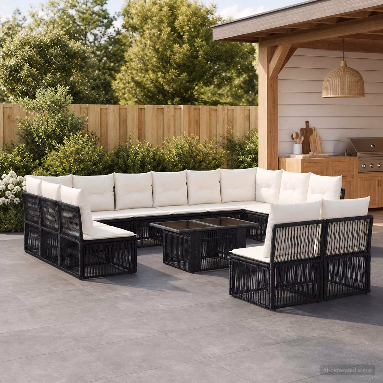 Set Divano da Giardino Moderno vidaXL in Polyrattan Nero con Tavolino e Cuscini 13 Pezzi