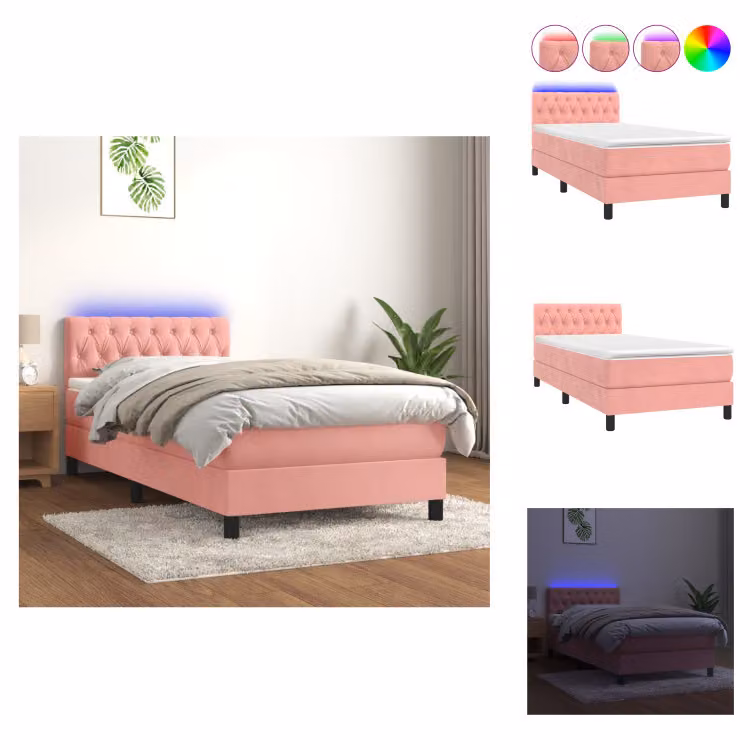 vidaXL Letto a molle con materasso e LED in velluto rosa 100x200 cm - Letti e strutture letto