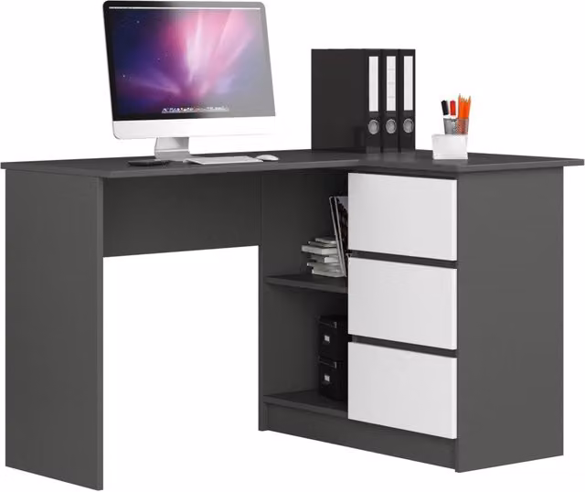 Scrivania angolare AKORD B16 Grigio Grafite 124 cm 3 cassetti inserto frontale Bianco 124x85x77 cm Modello a destra