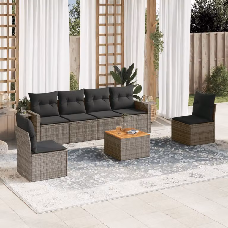 Set di divani da giardino vidaXL in 7 pezzi con cuscini grigi in polyrattan e legno di acacia