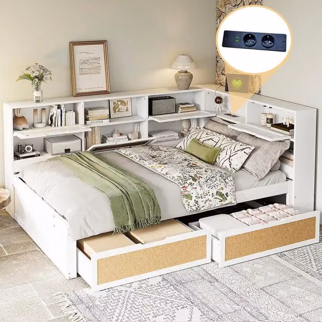 Divano letto legno - Xylo - 140x200 cm cassetti USB bianco