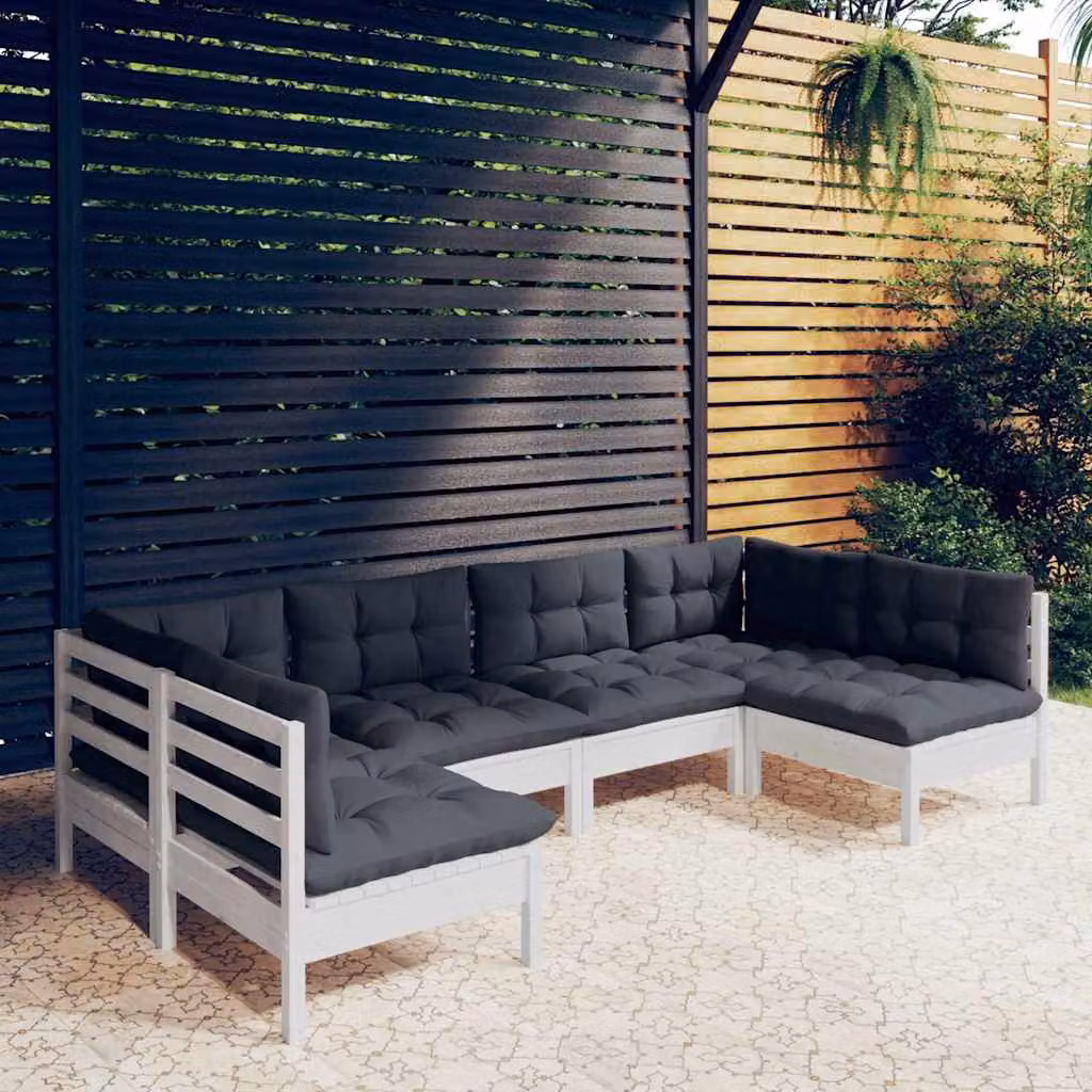 Set di divani da giardino vidaXL a forma di L composto da 6 pezzi in legno di pino con cuscini bianchi, antracite o grigi