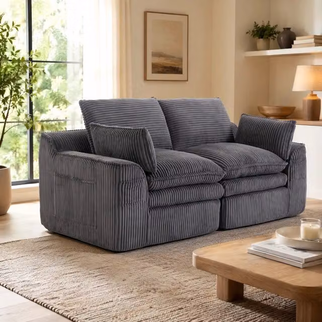 Divano 2 posti in corduroy con tasche laterali; 191x94x85 cm; grigio scuro