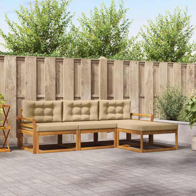 Set di divani da esterno vidaXL in legno di acacia con cuscini, composizione a L con pouf, colore marrone e beige