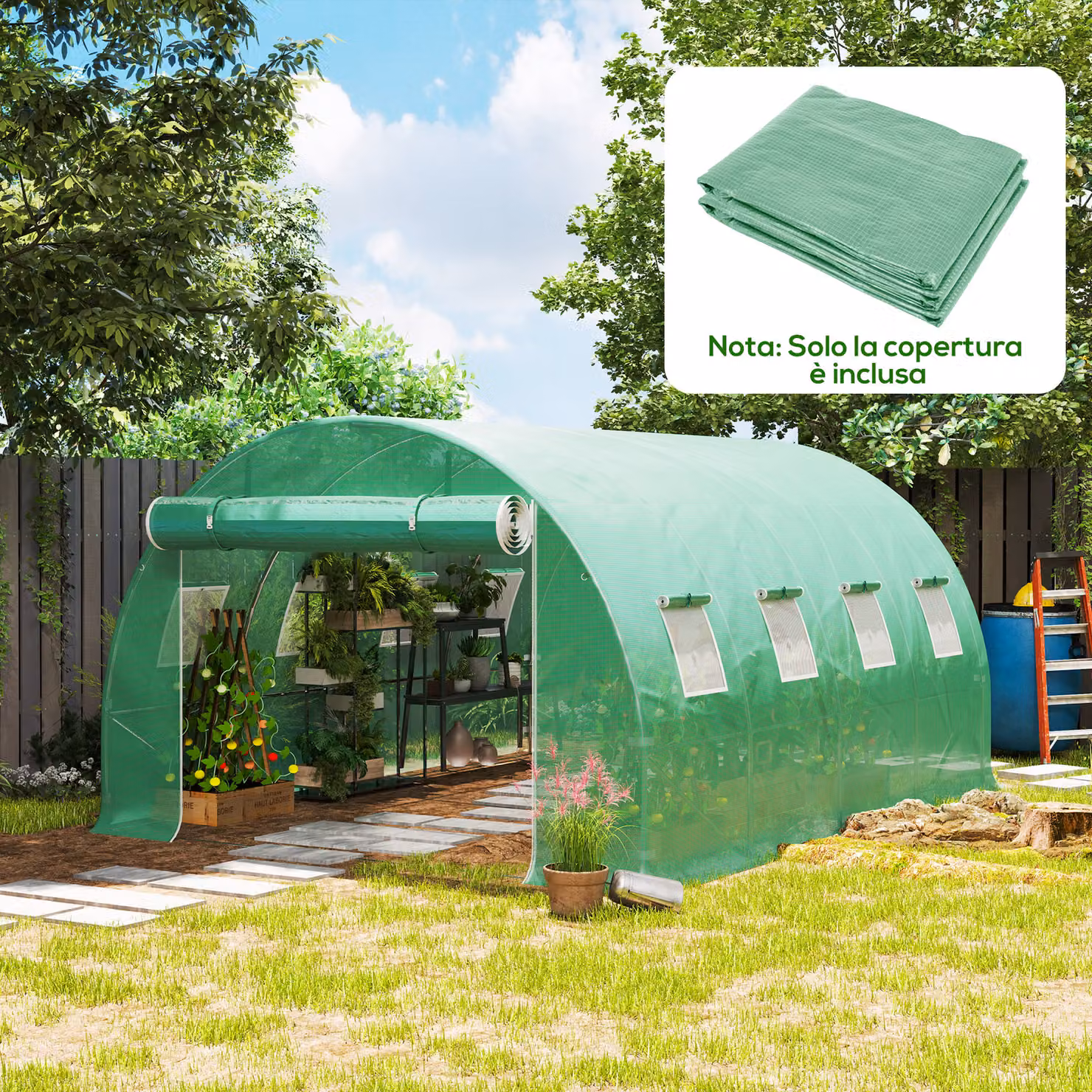 Telo Serra Outsunny in PE Verde con 8 Finestre, Porta Avvolgibile e Bordi Interrati, L: 4 m, P: 3 m, H: 2 m – 2