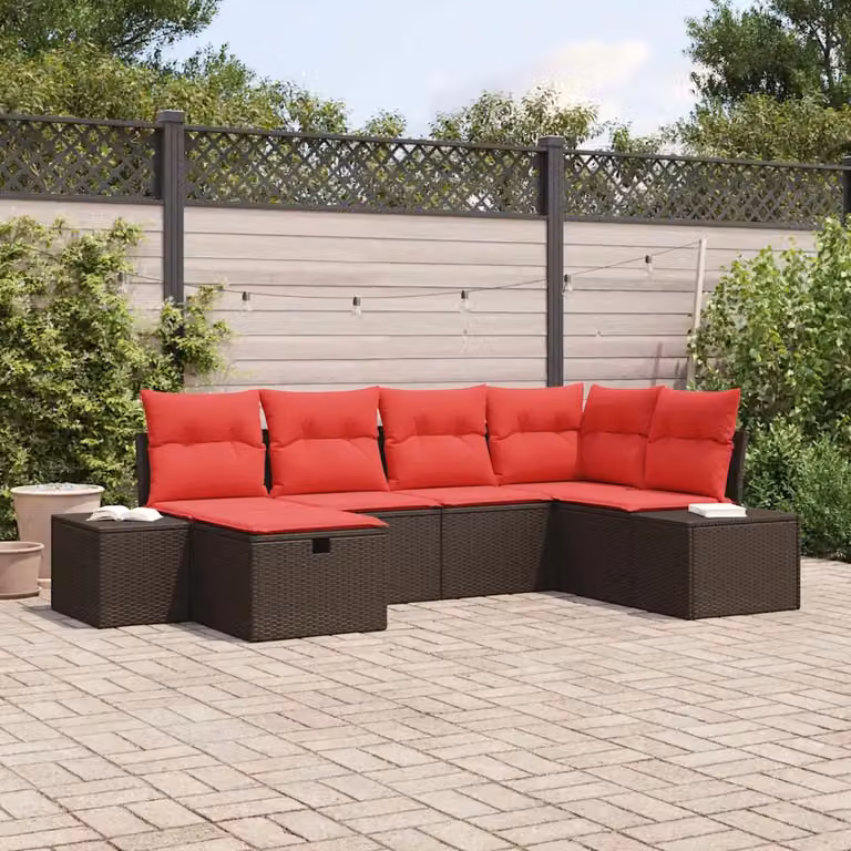Set di divani da giardino vidaXL a forma di L con pouf e cuscini, struttura in metallo e rattan resistente ai raggi UV, colore marrone e rosso