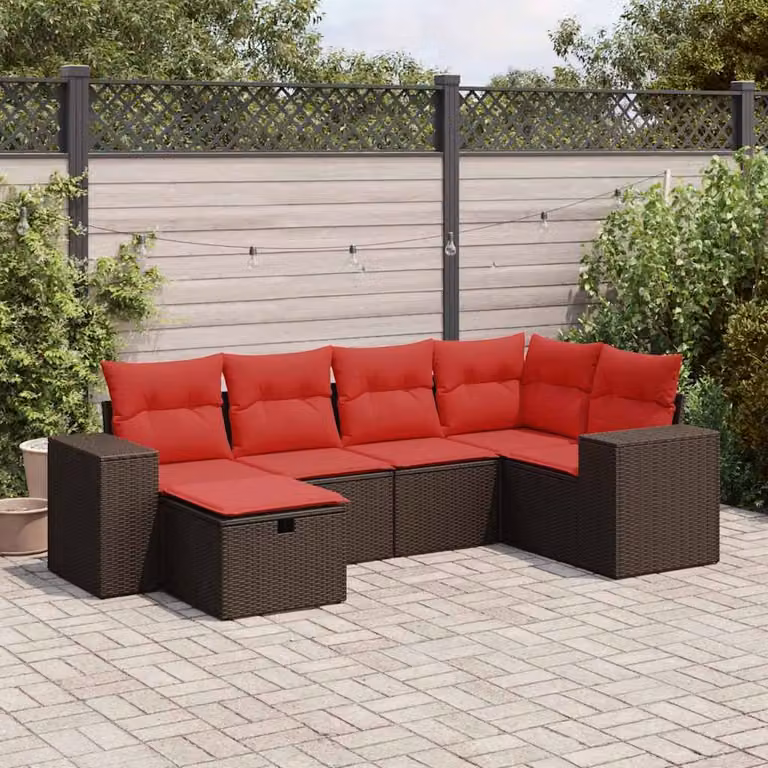 Set Divano da Giardino a L vidaXL 6 pz con Cuscini Marrone e Rosso in Polyrattan e Metallo