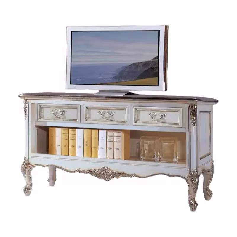 Porta TV classico in legno stile shabby chic bianco e argento con 3 cassetti Mobili 2G L: 164 cm, P: 51 cm, H: 56 cm – 1