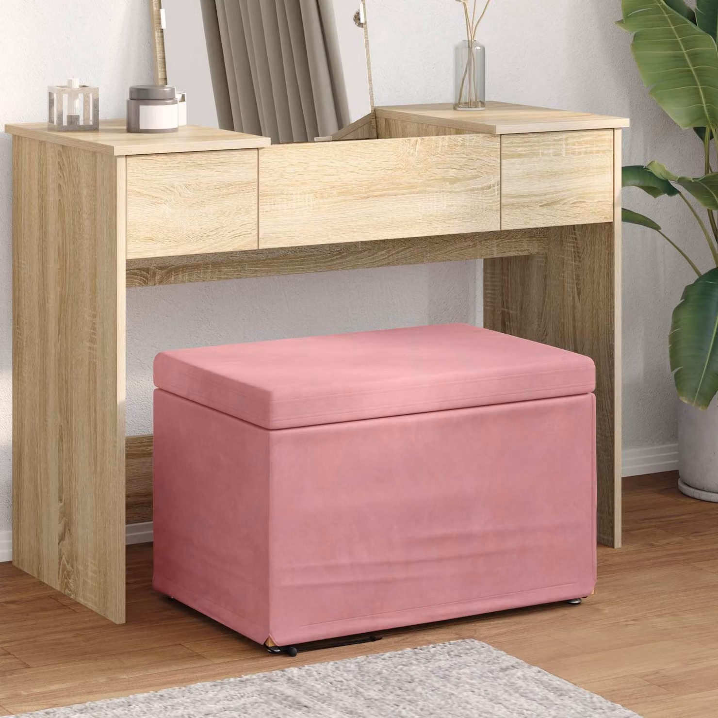 Pouf rosa in velluto con struttura in legno vidaXL L: 61 cm, P: 41 cm, H: 40 cm