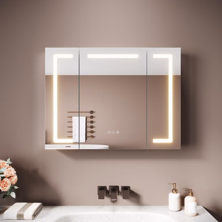 Armadio a specchio Sonni a tre ante in alluminio 80 x 60 x 12,5 cm Argento chiaro Funzione memoria spegnimento Antiappannamento Tre temperature di colore Bluetooth