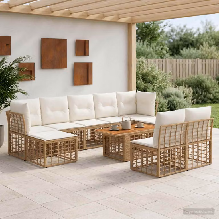 Set Divano da Giardino vidaXL 10 Pezzi in Polyrattan con Cuscini, Colore Naturale e Bianco Crema