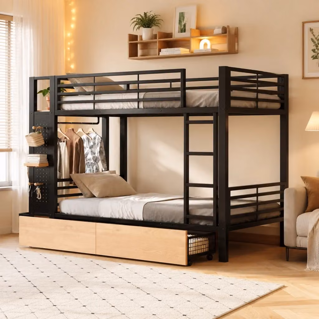 Letto a castello MIVRAY nero con LED, cassetti, ripiani e barra appendiabiti in metallo e MDF, L/P/H: 90 x 200 x 231,5 cm – 2