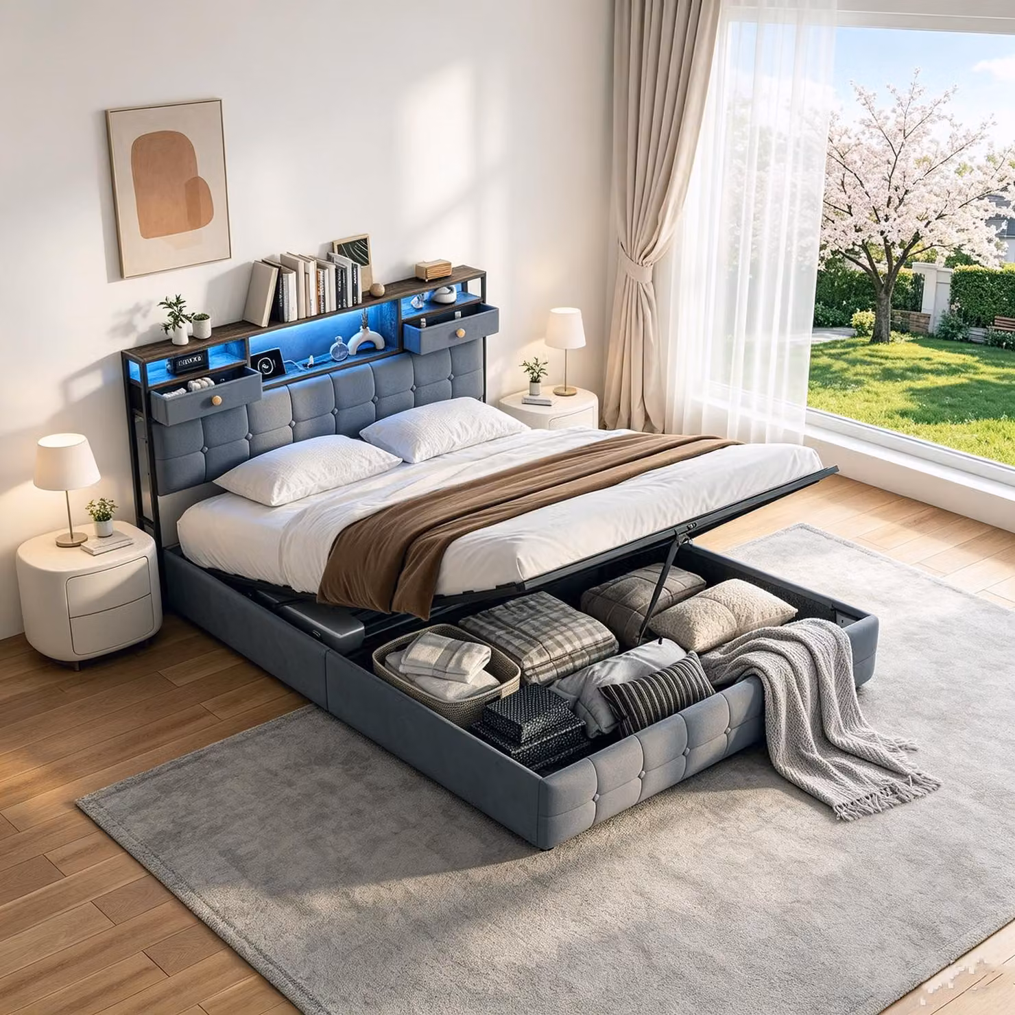 Letto matrimoniale con boxspring, imbottito, 140x200 cm, con LED e porte USB/C, struttura letto idraulica con spazio contenitore, rete a molle, rivestito in velluto, colore grigio