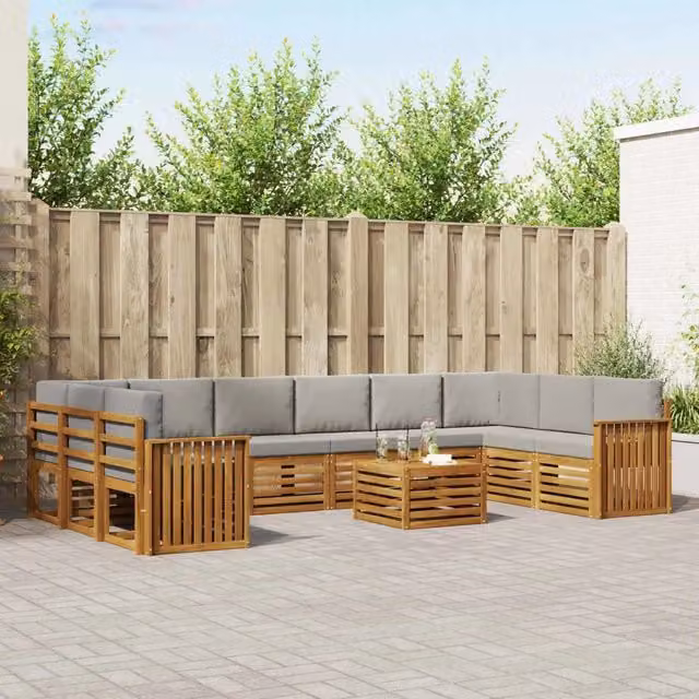 Set di divani da esterno a L vidaXL in legno di acacia con cuscini grigi e tavolino da giardino – 1