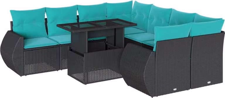 set di divani da giardino da 9 pezzi con cuscini, in polyrattan nero