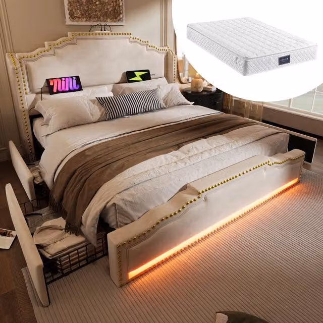 letto imbottito velluto beige 140 x 200 cm