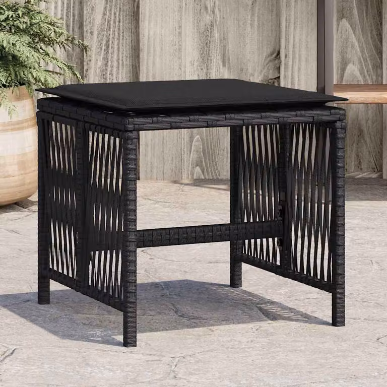 Set di 4 sgabelli da giardino vidaXL in polyrattan nero con cuscini, L/P/H: 41 x 41 x 36 cm