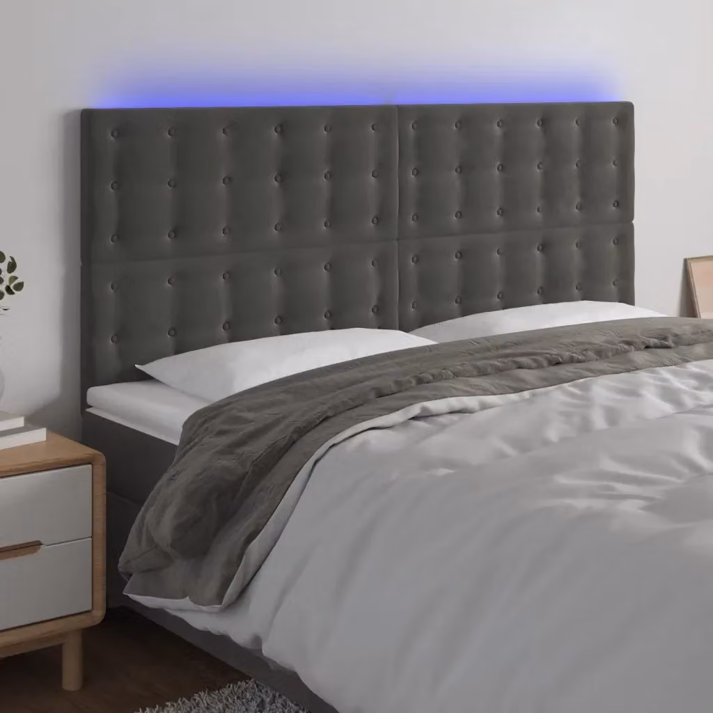 Testiera con illuminazione LED e porta di ricarica USB in velluto grigio, L: 160 cm, P: 5 cm, H: 118/128 cm – 2