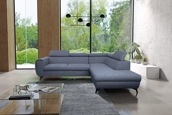 Divano angolare "Mona" Divano angolare funzione letto blu-grigio Recamiere destra