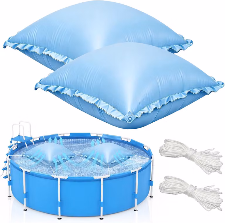 Cuscini gonfiabili per piscine invernali, confezione da 2, con 4 supporti ciascuno, 2 corde di fissaggio, lunghezza 15 metri, per la protezione della piscina