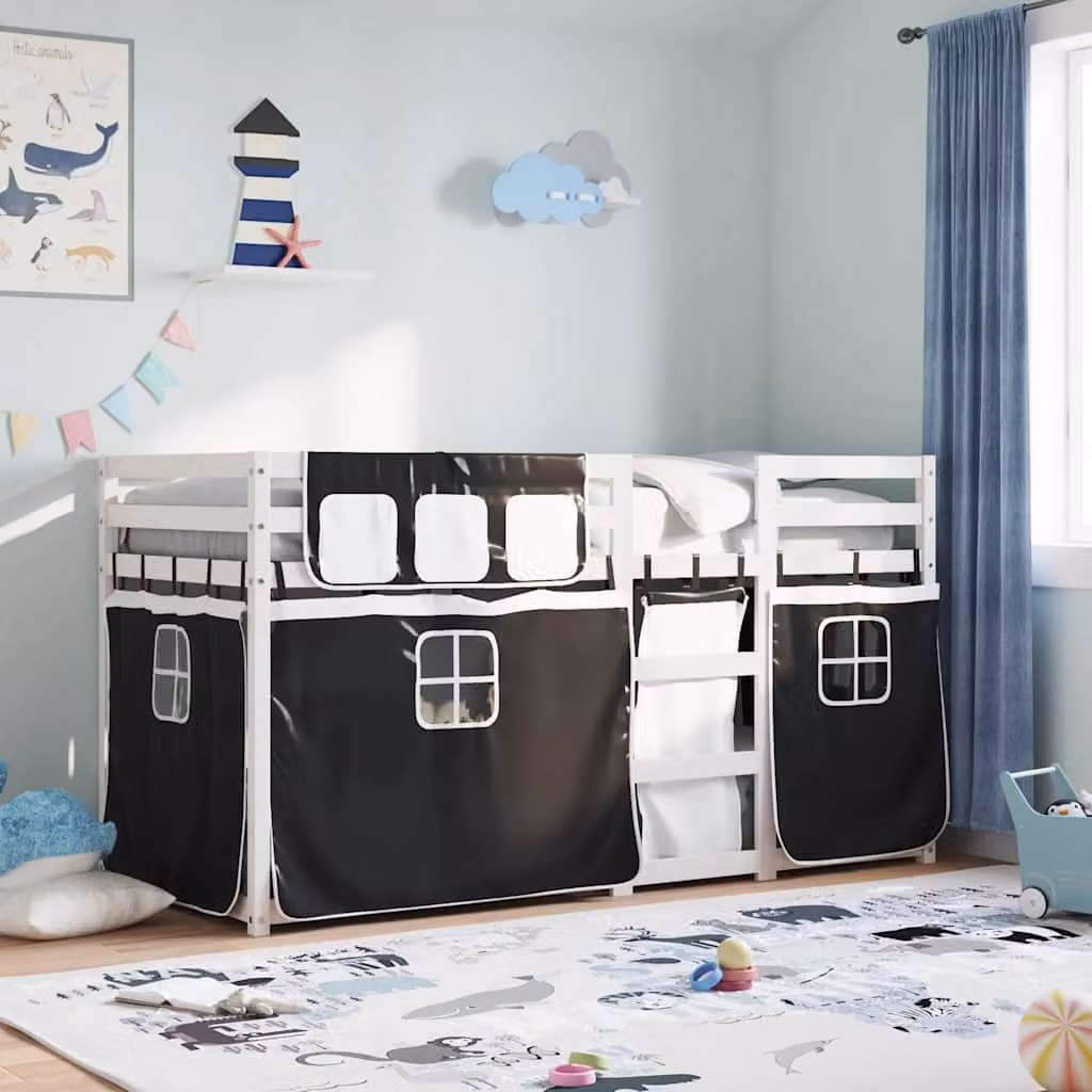 Letto a Castello vidaXL in Legno di Pino per Bambini, Bianco e Nero, L/P/H: 200 x 80 x 151 cm – 1