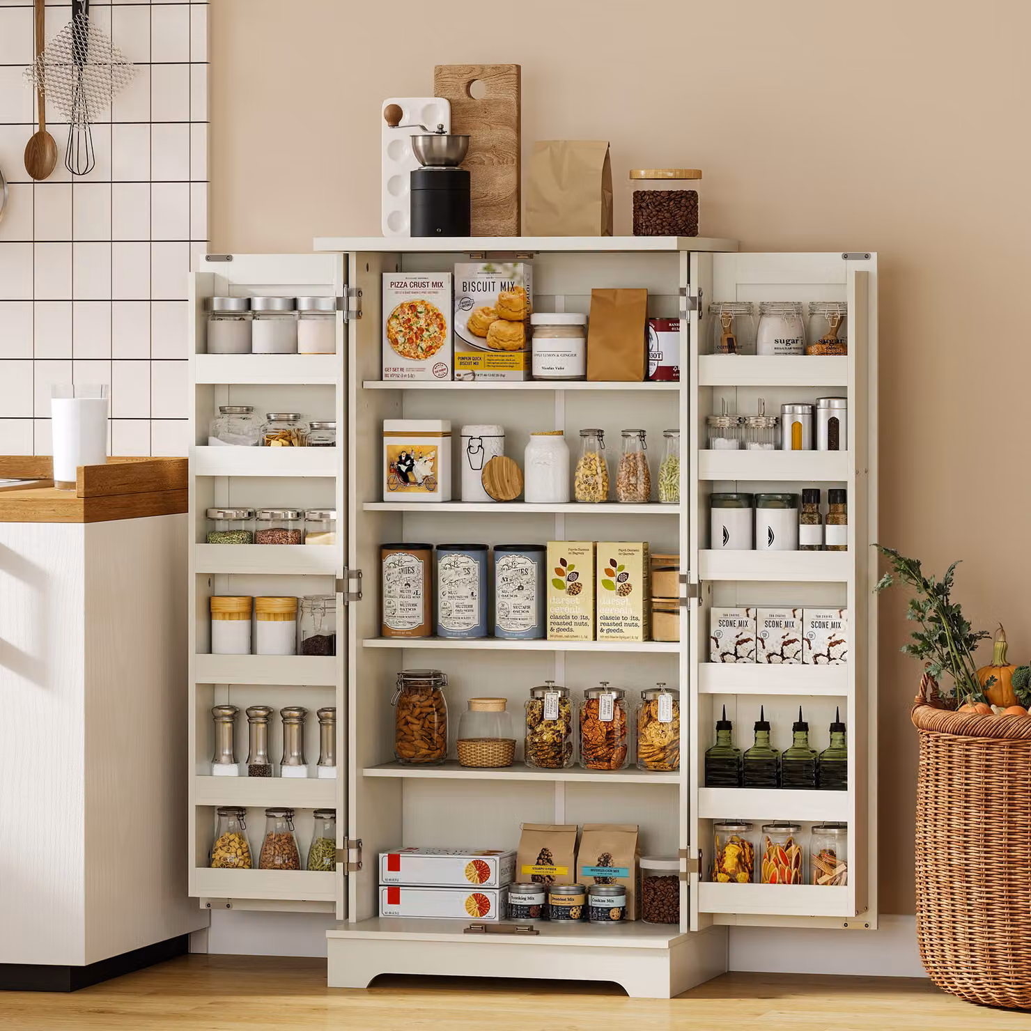 Credenza da cucina rustica HOMCOM con 12 portaspezie, ripiani interni e 2 ante, colore beige, L 60 cm x P 40 cm x H 120 cm – 2