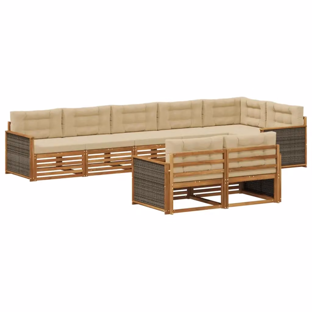Set di divani da esterno a L vidaXL in legno di acacia con cuscini, 8 pezzi, Beige e Marrone – 2