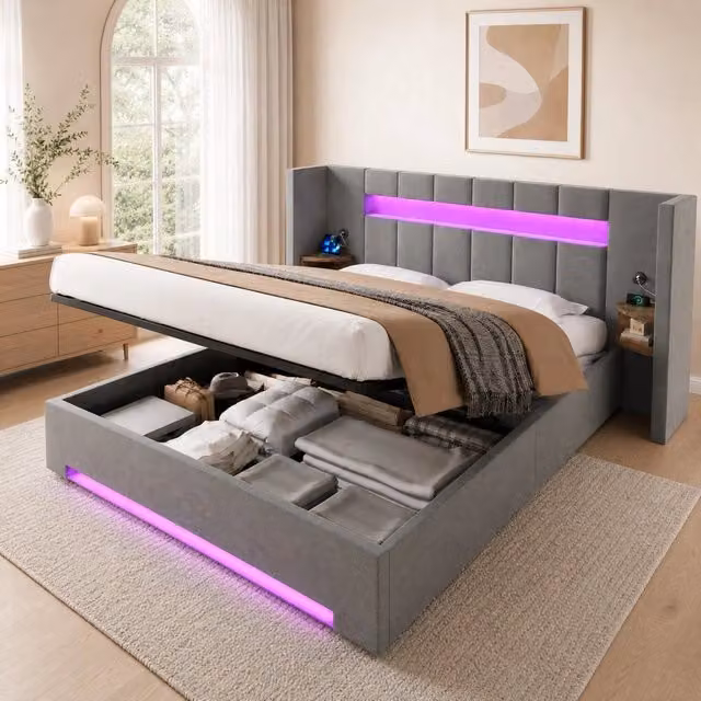 Letto matrimoniale MODFU in velluto grigio con contenitore, porte USB e illuminazione LED, L/P: 180 x 200 cm