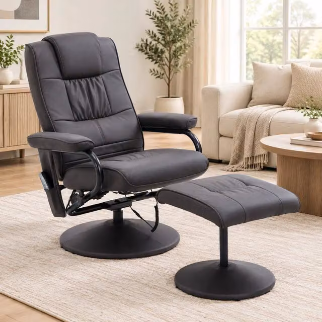 Poltrona Relax Girevole con Funzione Massaggio, Poggiapiedi, Rivestimento in Pelle Sintetica Marrone, Telecomando