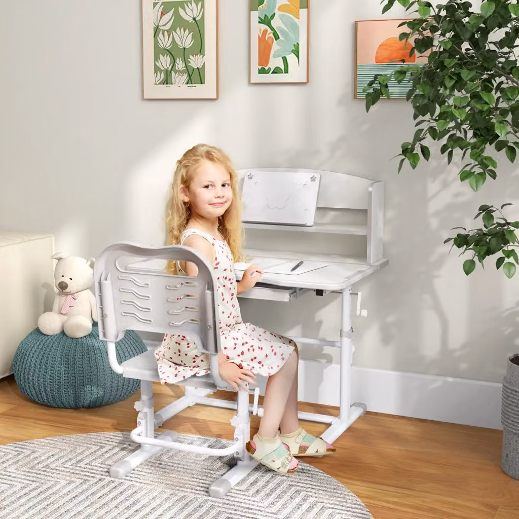 EasyComfort Set Scrivania per Bambini con Sedia Regolabile, Piano Inclinabile e Altezza Regolabile, Grigio e Bianco – 2