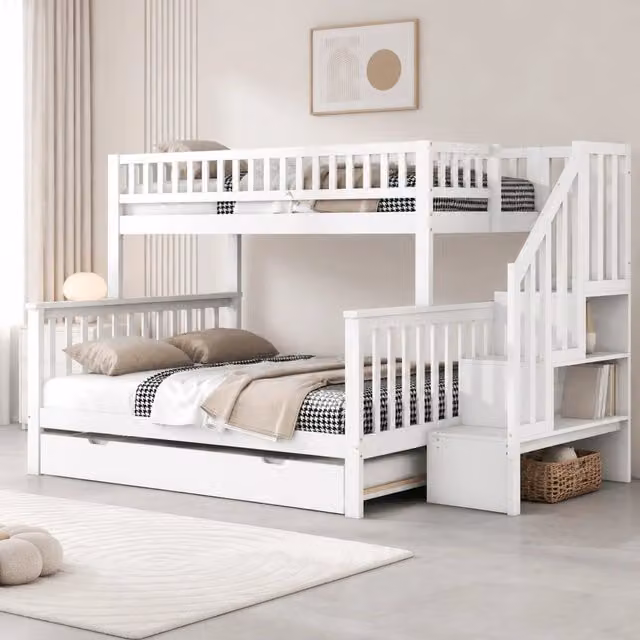 Letto a castello bianco 90x200 e 140x200 cm con letto estraibile e scala contenitore